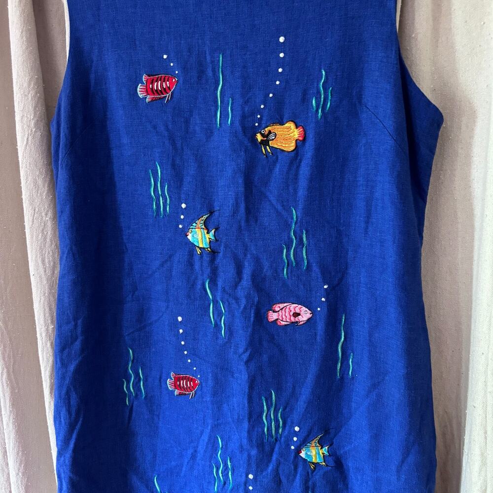 VTG Ultra Dress Embroidered Fish Linen Shift Dress Blue 14 90s Preppy Nautical